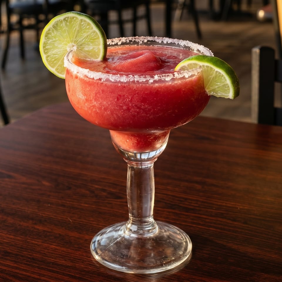 Frozen strawberry margarita with salt rim and lime wedges on a dark wooden table.