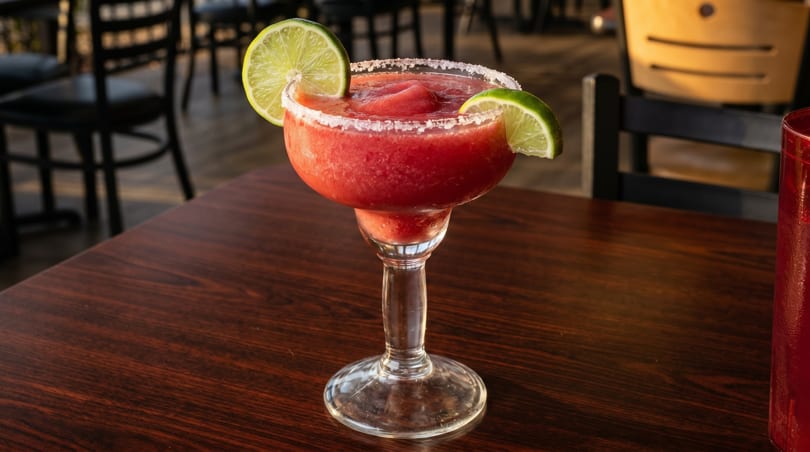 Frozen strawberry margarita with salt rim and lime wedges on a dark wooden table.