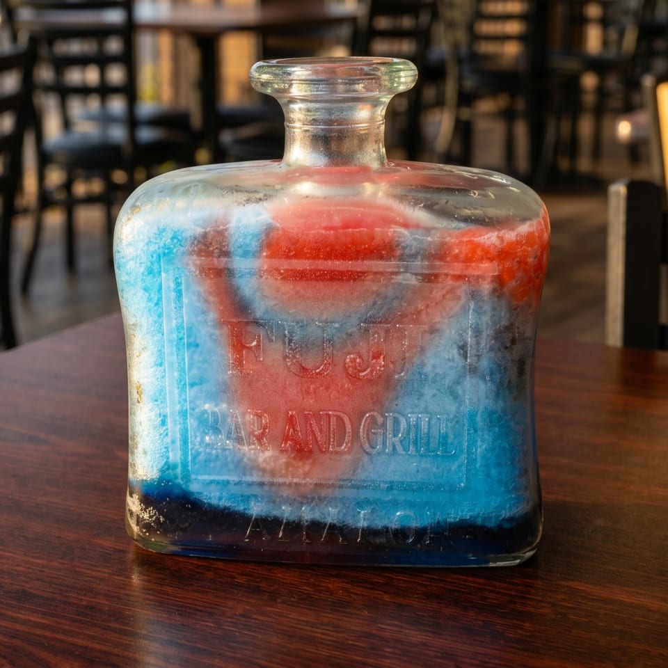 A glass bottle with red and blue slushy contents, labeled "FUJI BAR AND GRILL," on a wooden table.